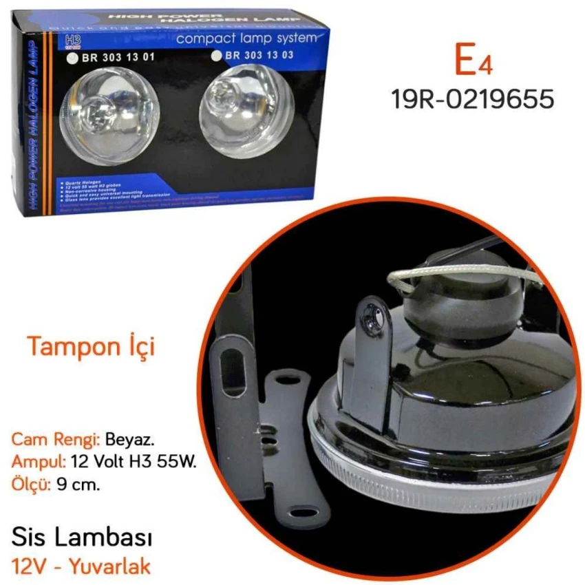 Sis Lambası, Yuvarlak, 9 Cm, H3 Ampüllü, Beyaz Cam, 2 Adet